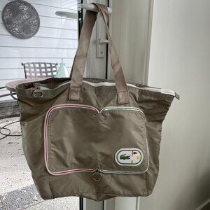 Lacoste Travel Light Nylon Zip Top Tote Bag w Double Handles Tan Grn Wht Red OS